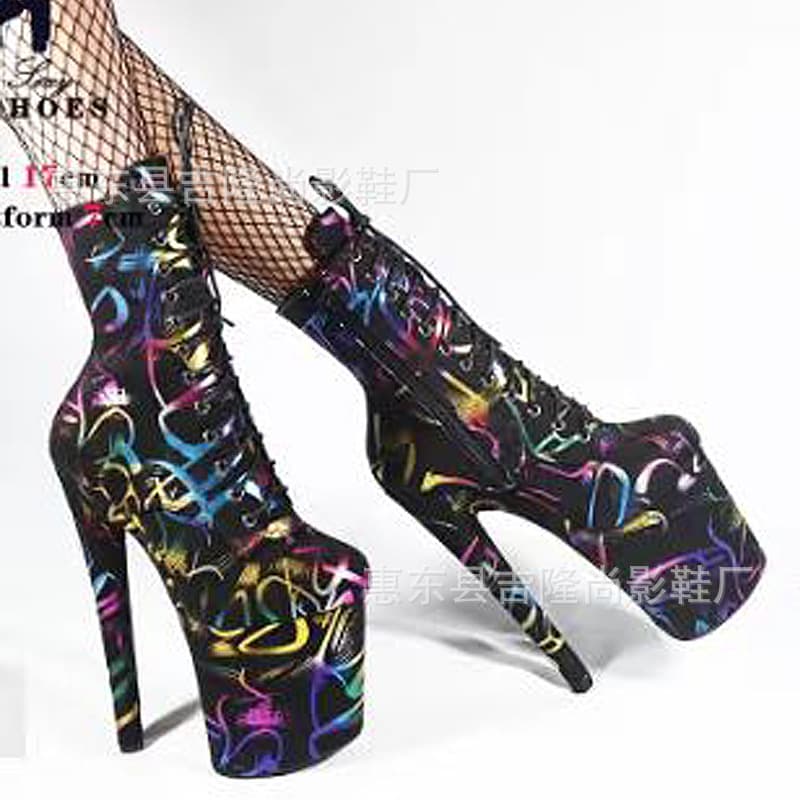 European and American cross-border foreign trade high-heeled ankle boots, black graffiti women's stiletto boots, super high-heeled pole dancing shoes
