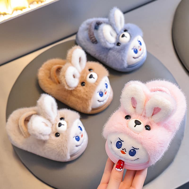 Girls' Cotton Slippers for Home, Non-Slip, Cute Cartoon Parent-Child Shoes, Soft-Soled Fur Slippers, Boys' Baby Cotton Slippers, Winter