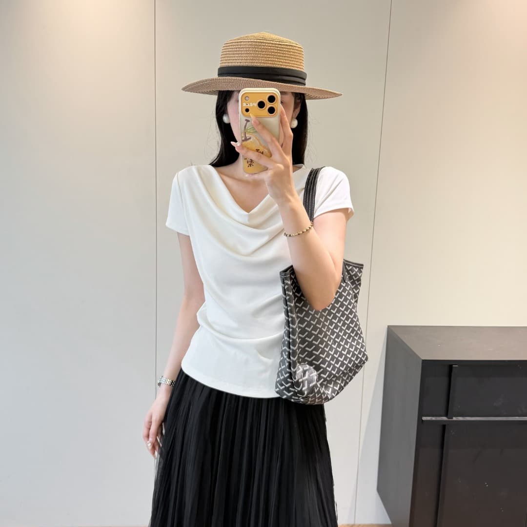 Three-Color Loose French Draped Neckline Flutter Sleeve T-Shirt 0520c03