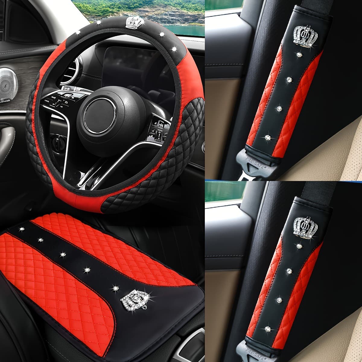 Car Interior Accessories Steering Wheel Cover Leather Crown Rhinestone Seat Belt Shoulder Pad Armrest Box Pad Wholesale Custom
