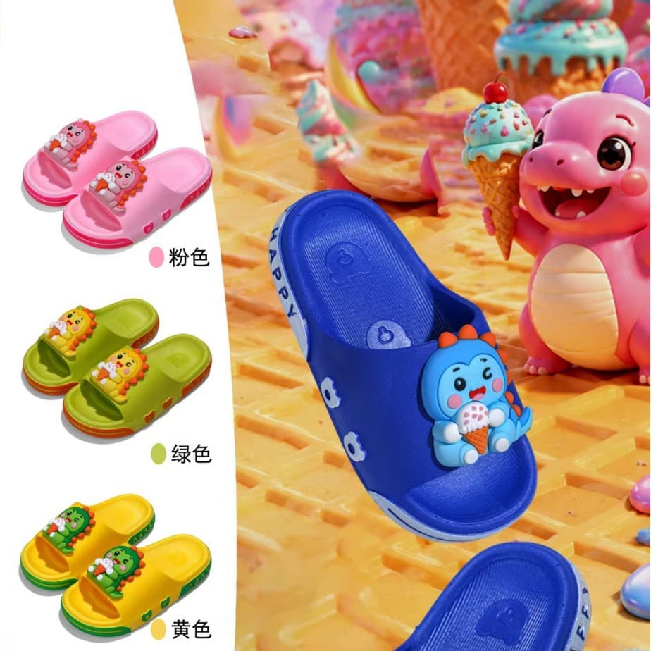 Wuchuan's new fashionable home outing non-slip wear-resistant cute cartoon dinosaur slippers for small and middle-aged children 2082+8