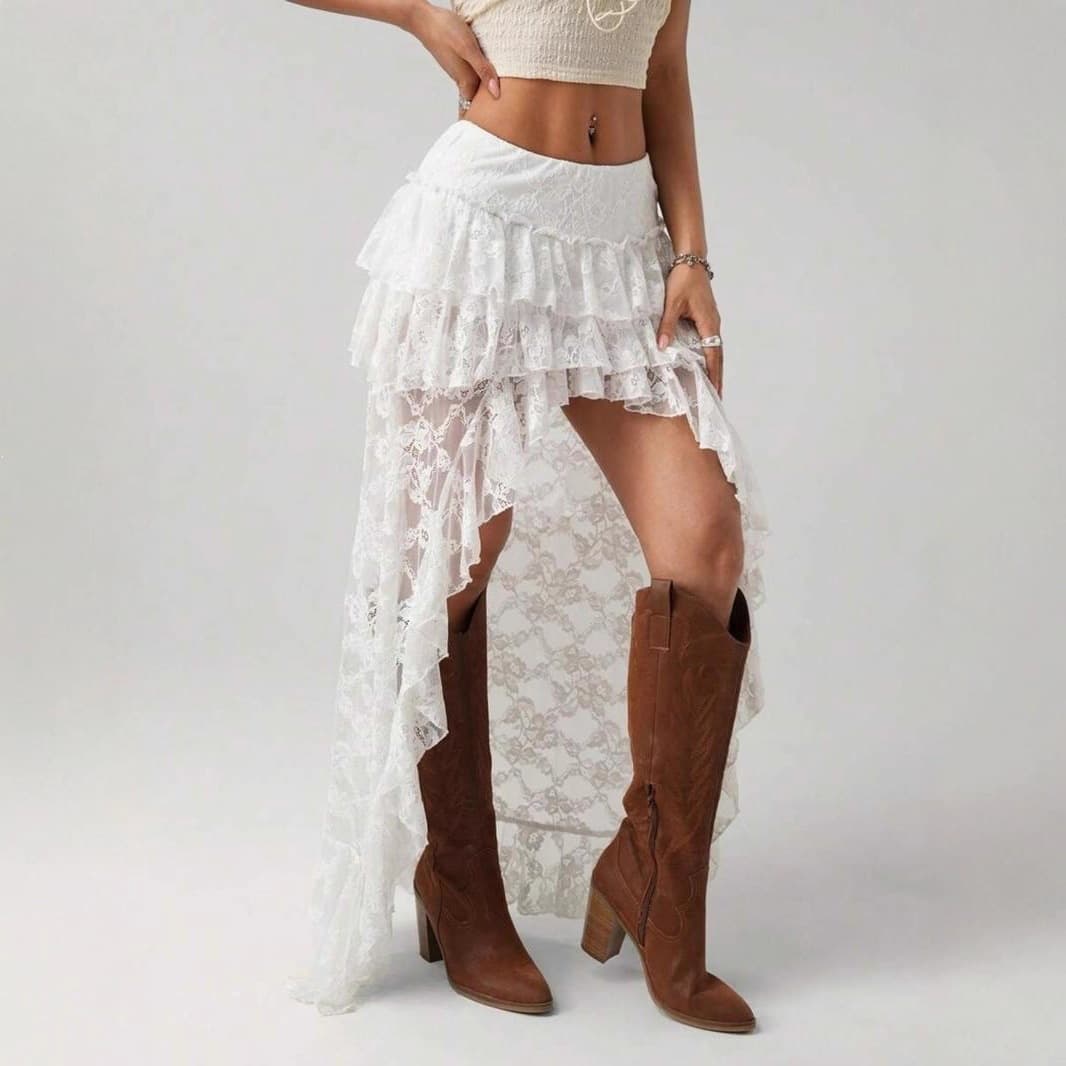 2025 Summer European and American Sexy Lace Skirt Cowgirl Style Irregular Design Women’s Skirt Independent Station