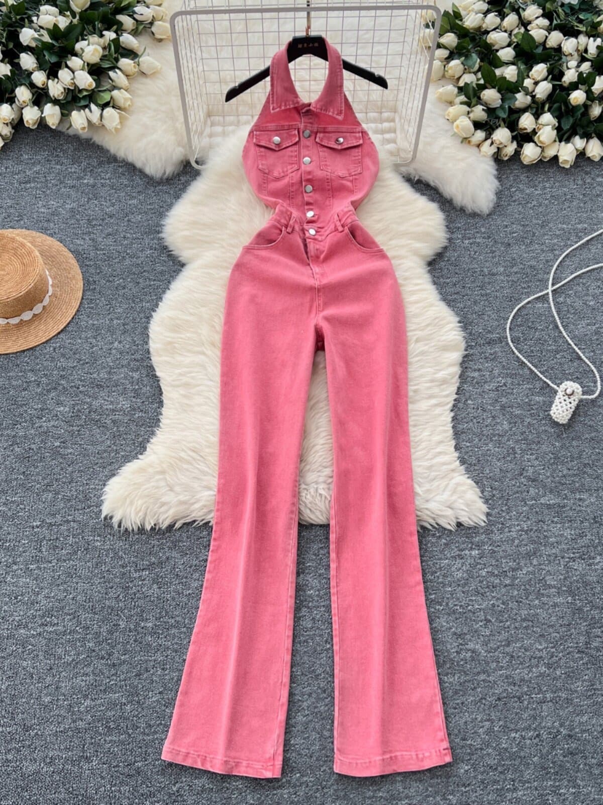 Summer new niche retro Korean style lapel halter neck single breasted high waist slimming backless denim jumpsuit