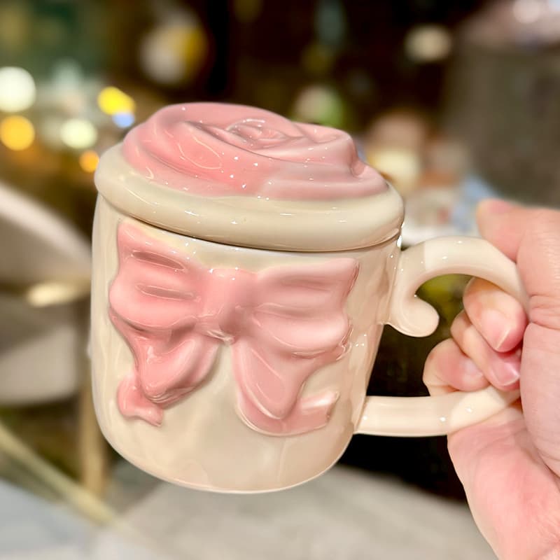 Girls' good-looking pink bow mug girl's heart couple water cup household ceramic breakfast cup souvenir