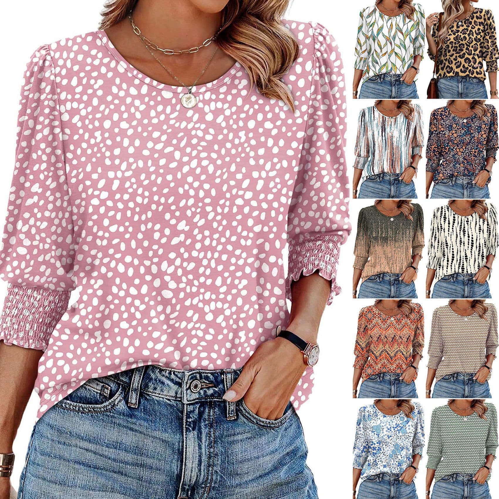 25 Colors Cross-Border European and American Women's Fashion Amazon 2025 Fall Loose Casual Printed Three-Quarter Sleeve Round Neck T-Shirt Top