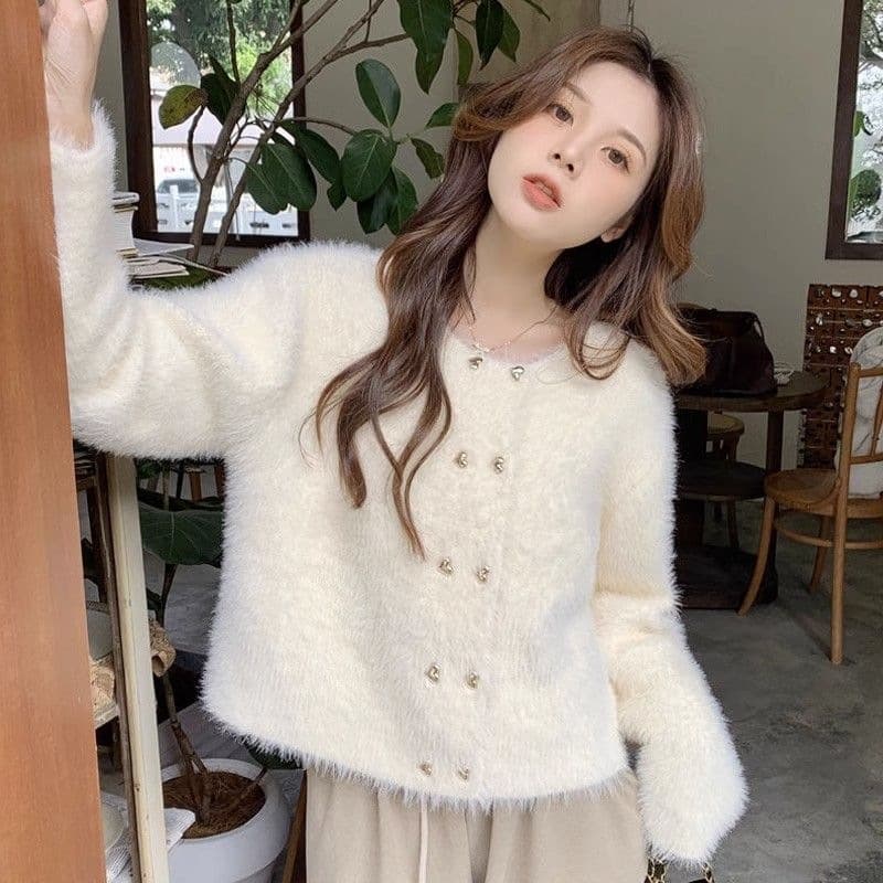 2026 Faux Mink Knit Cardigan Sweater Coat for Women Spring Autumn Short Style New European Fit Slim Outerwear Trendy