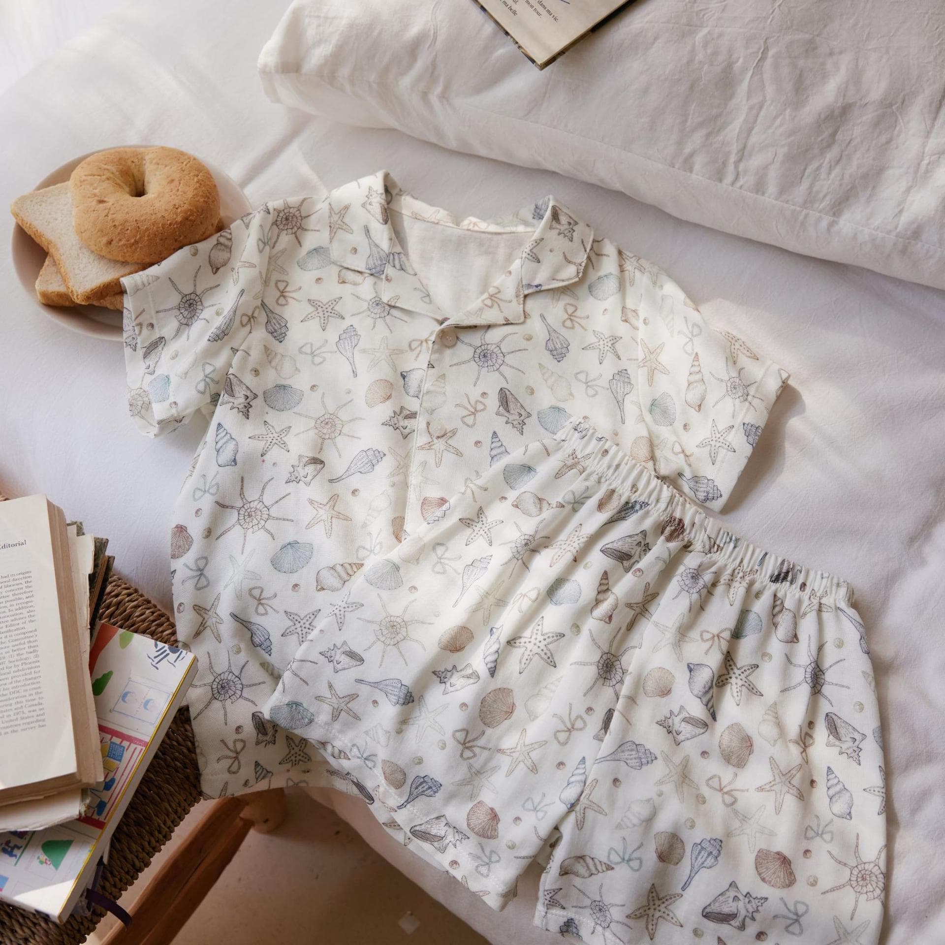 Short Sleeve Thin Soft Bamboo Cotton Kids Pajamas Spring Summer Double Layer Pure Gauze Breathable Short Sleeve Shorts Homewear Set