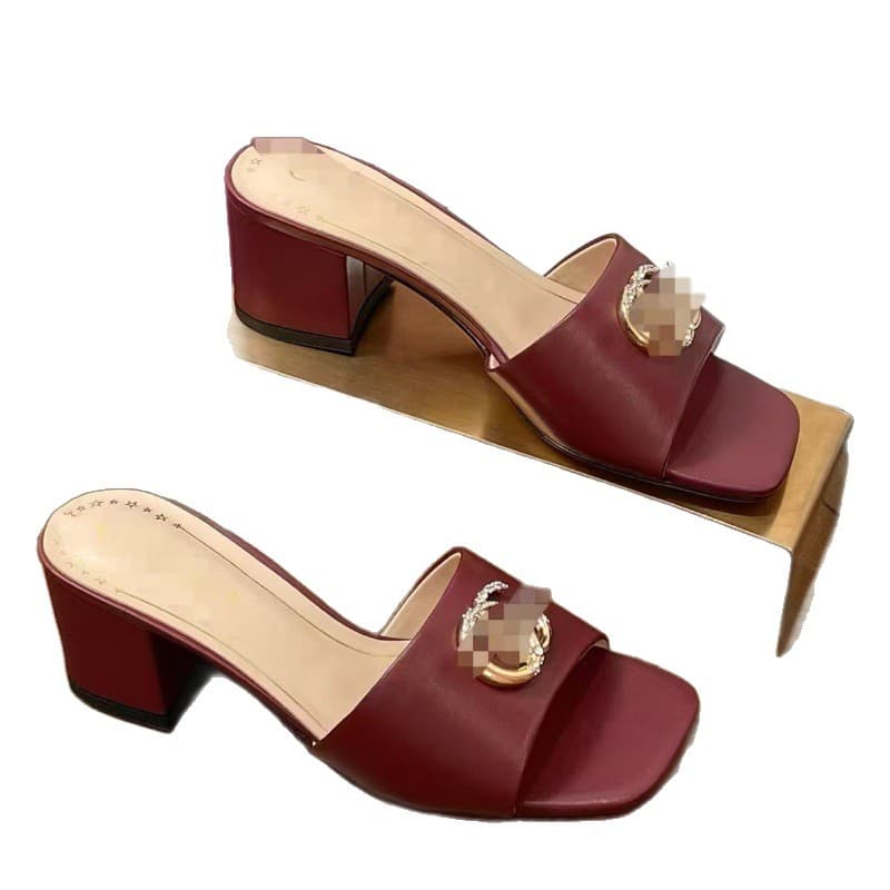 2025 New Women's Dubai Nigeria Southeast Asia Genuine Leather Chunky Heel Rhinestone Metal Letter Fashion Trendy Slides