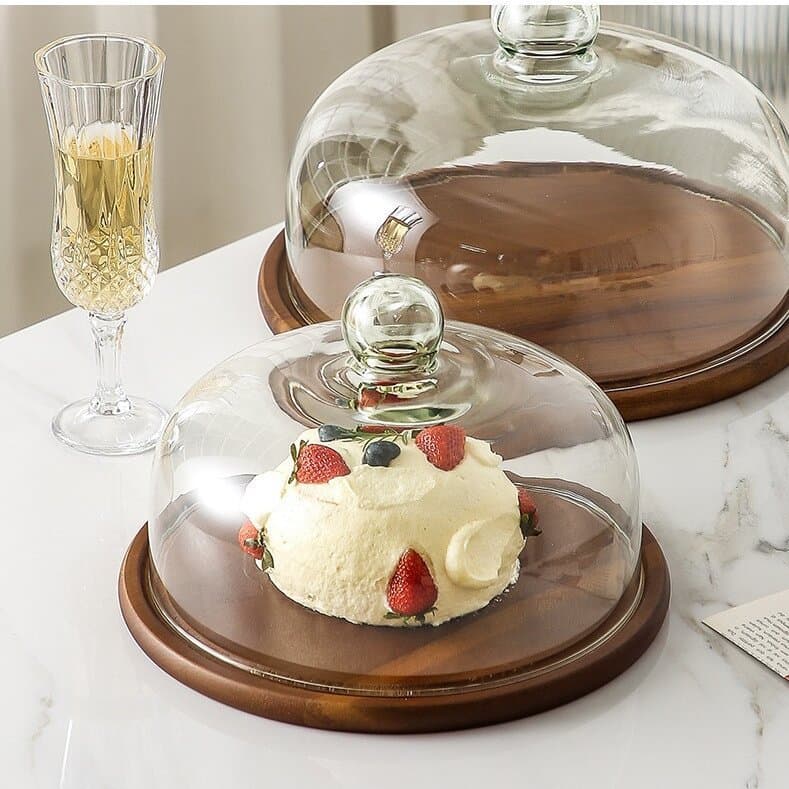 New Wooden Snack Tray Cake Plate Transparent Glass Dust Cover Pastry Fruit Plate Dessert Tea Party Display Plate
