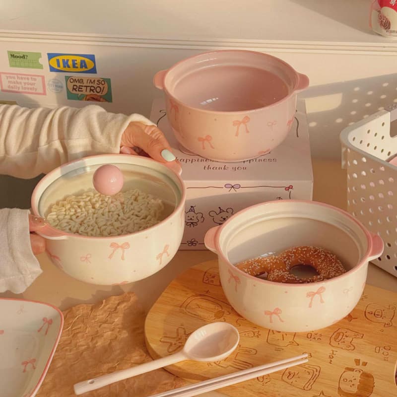 Bowknot Underglaze Color Ramen Bowl Ceramic with Lid High Appearance Thickened Home Student Dormitory Soup Bowl Snail Noodle Bowl
