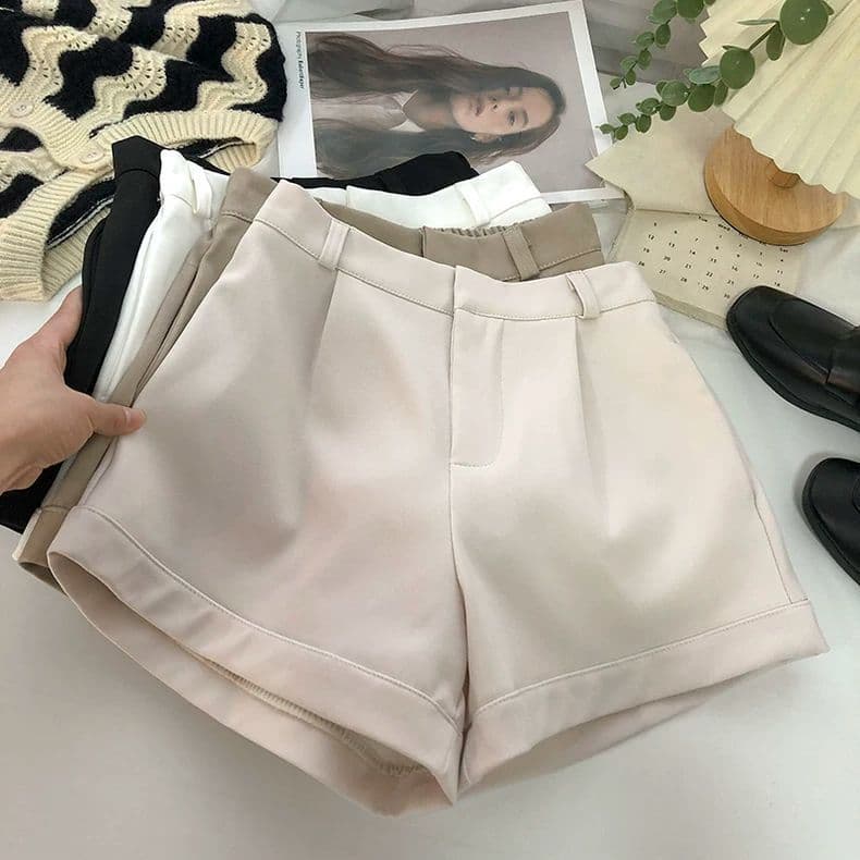 2025 New Fashion Versatile Minimalist Solid Color High-Waist Slimming Suit Shorts Women Wide-Leg Rolled Hem Casual Pants