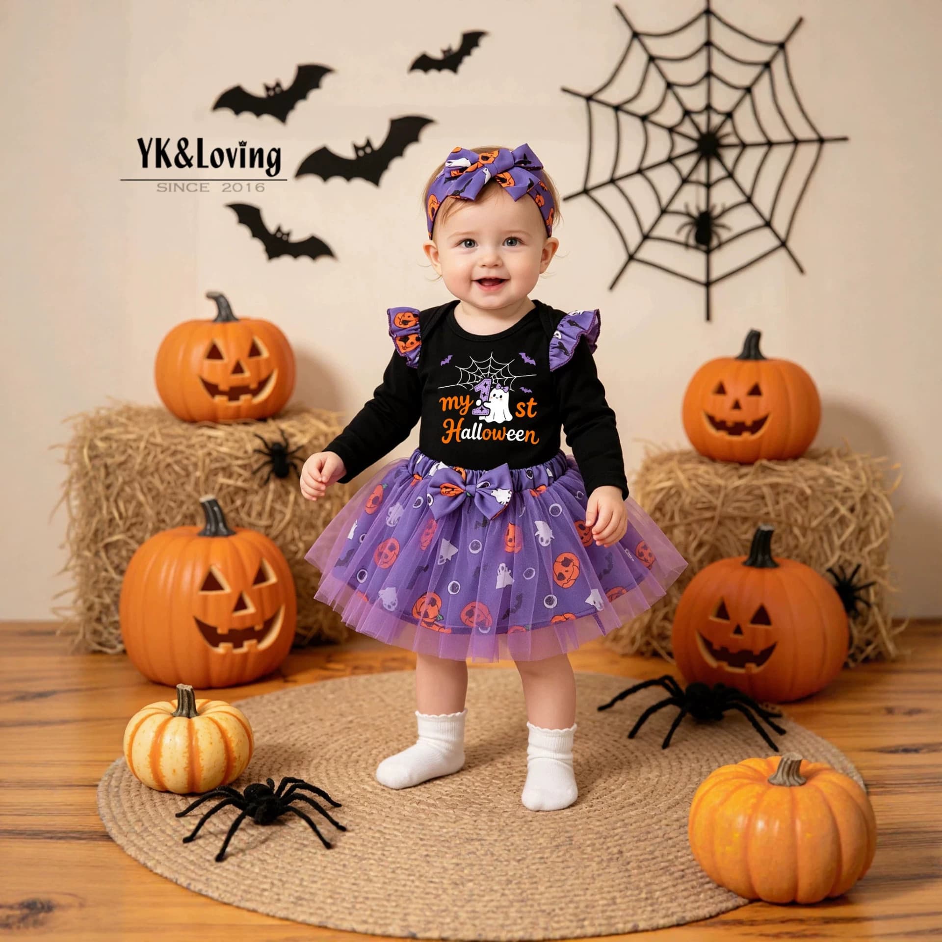 Cross-border Children's Clothing Wholesale Halloween Baby Girl Outfit Long Sleeve Romper Printed Ghost Pumpkin Skirt Socks Set