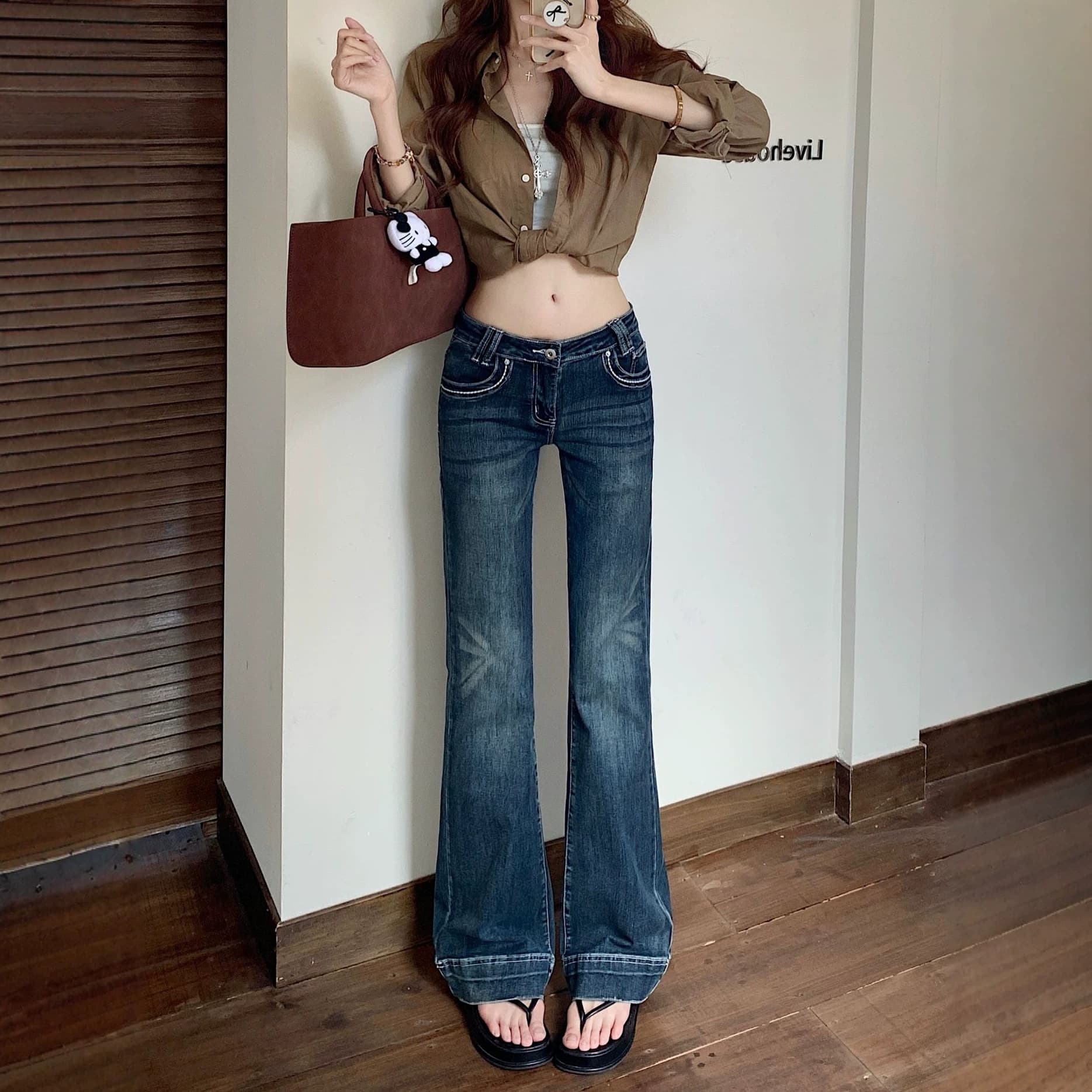 American Retro Low-Rise Trendy Slim Fit Flared Jeans for Women, Slimming Draping Horseshoe Pants, Non-Skinny Bootcut Jeans