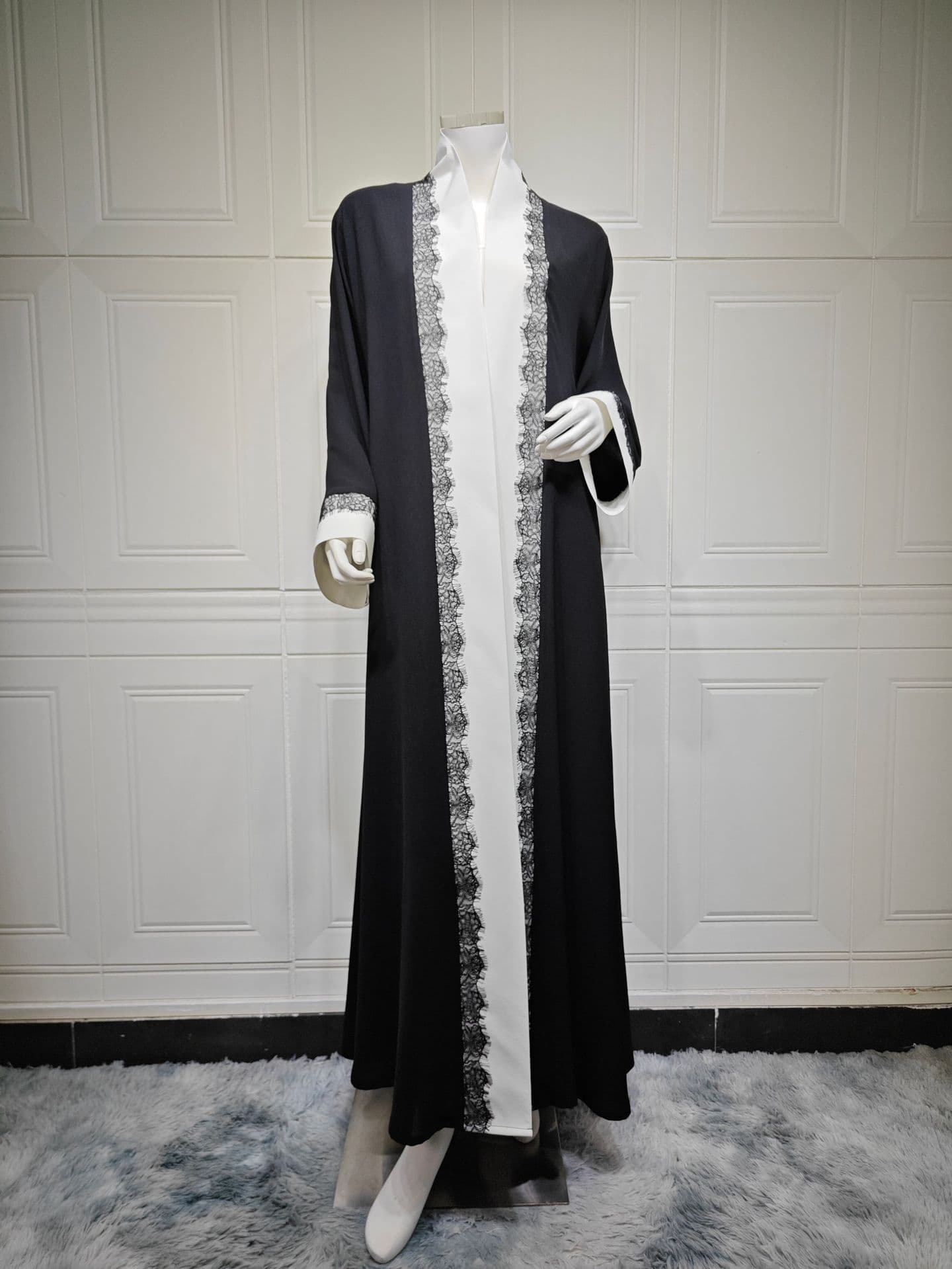 MQ266 Modest Cross-border Trade Long Dress Black Lace Trim Patchwork Premium Jacket Black and White Patchwork Women's Clothing