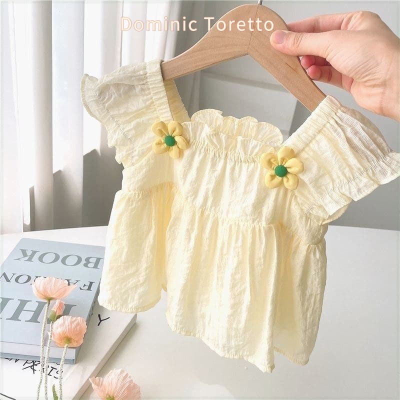 Korean-style Girls' Doll Blouse, Fashionable Loose Baby Top, Short Sleeve, Yellow Floral Doll Blouse