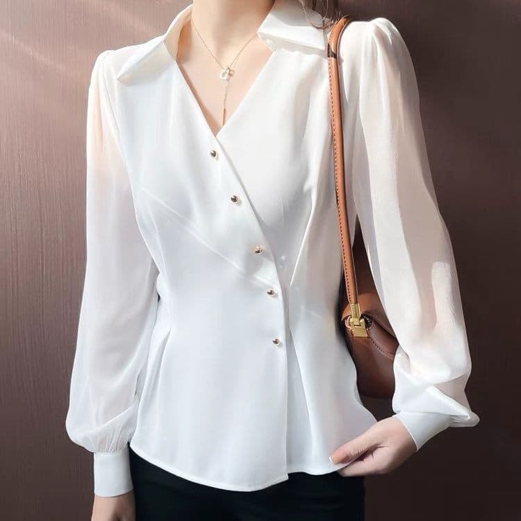 French Irregular V-Neck Waist-Cinching Blouse for Women 2025 Spring New Stylish Chic Elegant Top