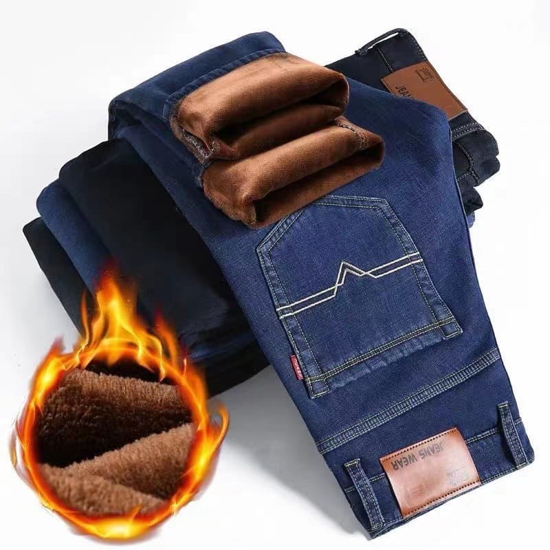 Fleece-lined Men's Jeans, Thickened Warm Straight-leg Loose Work Durable Construction Site Middle-aged Business Casual Affordable Winter Pants