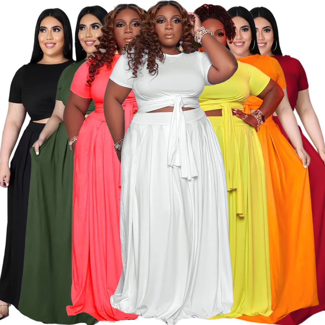 European and American Fashion Plus Size Women's Amazon Cross-Border African Plus Size Solid Color Cross Tie Drape Skirt Two-Piece Set