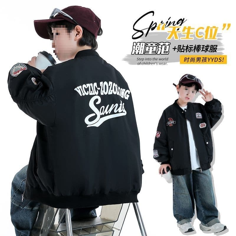Children's Boys Large Kid Jacket 2025 New Spring/Autumn Baseball Top Boy Fashion Black Cotton