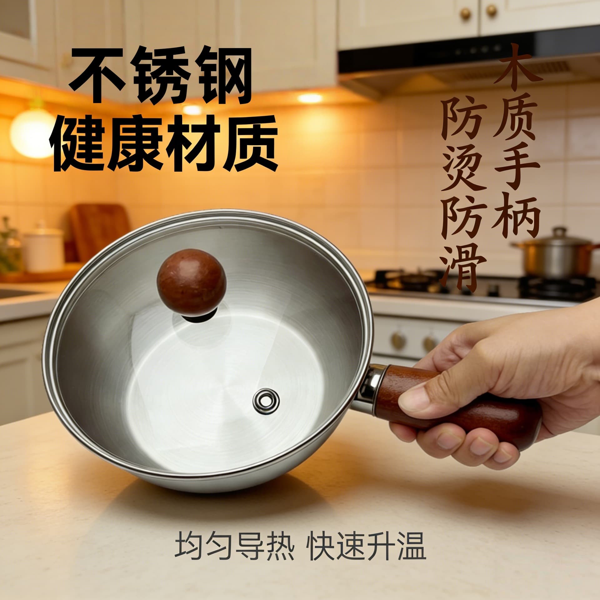 Stainless Steel Multi-Function Saucepan with Heat-Resistant Wooden Handle, Baby Food Pot, Small Milk Pot, Single Handle
