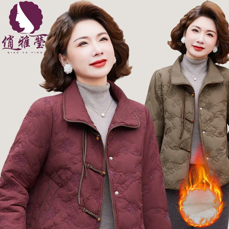 Qiaoyaying mom-style coat, 2025 winter lapel embroidered small cotton jacket, fleece-lined and thickened warm plus-size cotton coat.
