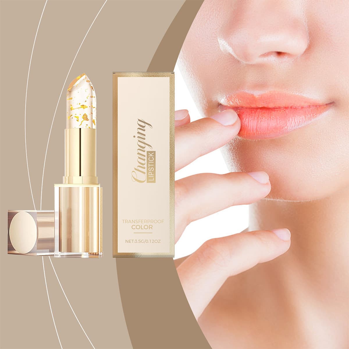 Gold-plated glitter transparent color-changing lipstick with carotene and vitamin E, non-fading and transfer-proof.