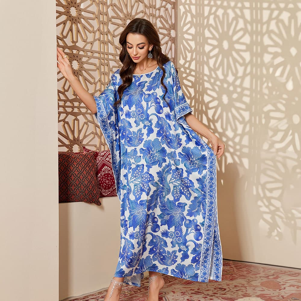 New Cross-Border Plus Size Satin Pajamas Women's Summer Loose Floral Print Coverall Robe DP3428