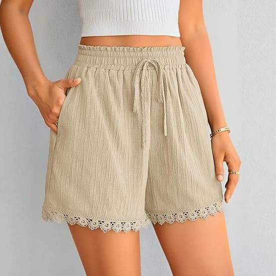 New Women's Summer Shorts Casual Loose Elastic Waist Drawstring Lace Bohemian Beach Cover-Up Shorts