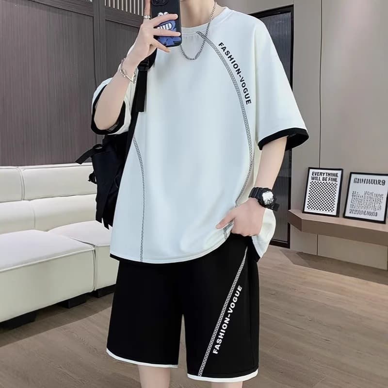 2026 Ice Silk Cool Short Sleeve Suit Men's Summer Quarter Sleeve T-Shirt Teenagers Loose Sports Complete Set of Clothes