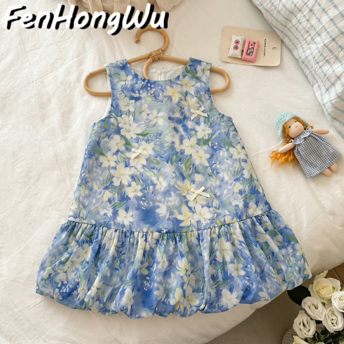 Pink House 2026 French Pastoral Floral Print Dress for Women Summer Blue Bow Ruffle Hem Vacation Midi Length