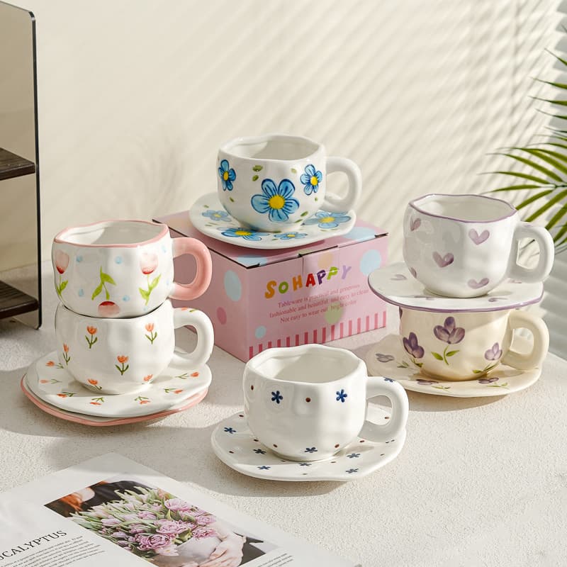 Home Ceramic Coffee Cup High-End Design Trendy New Floral Water Mug with Saucer