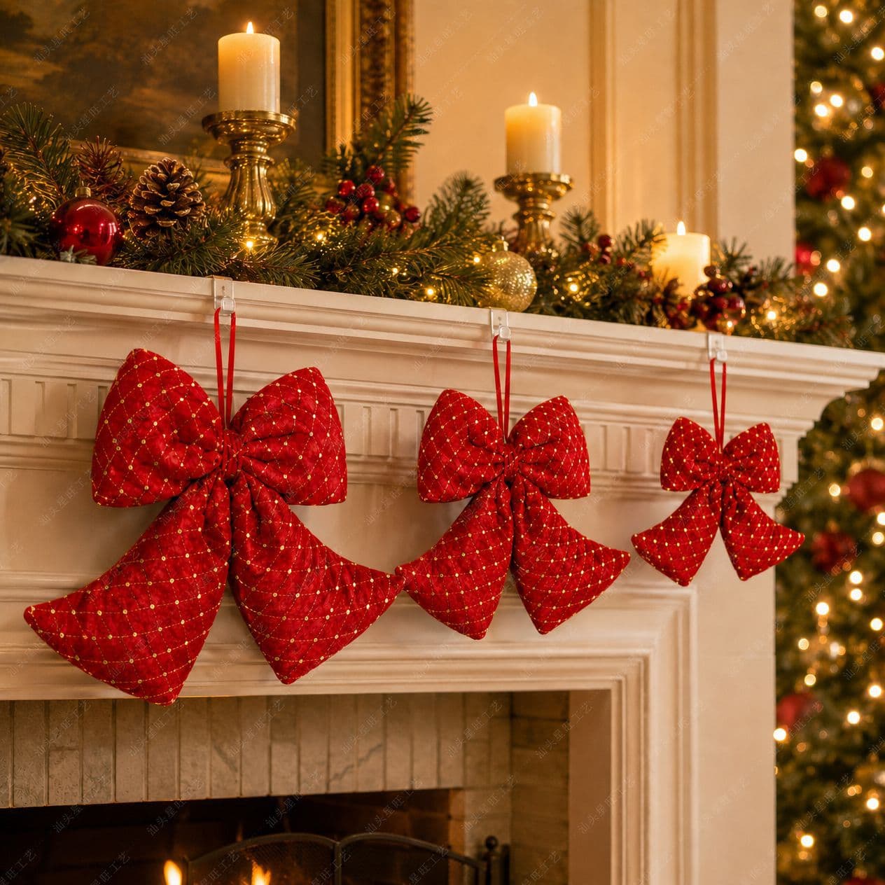 Red Christmas Bow Ornaments for Tree Hanging Party Decor Set