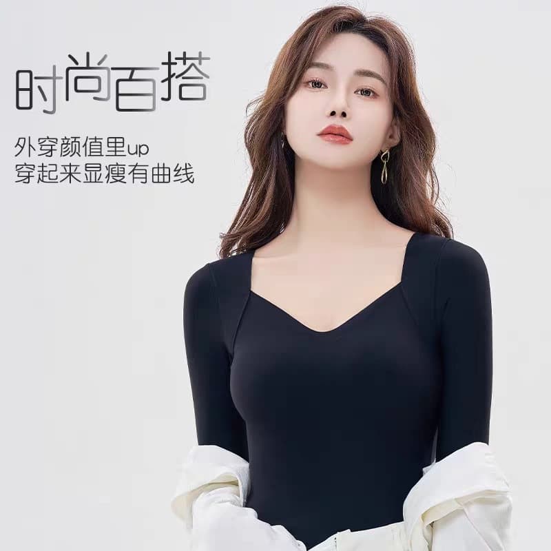 Autumn/Winter New Style Skin-Friendly Top with Built-in Bra, Seamless V-Neck Slimming Comfortable Base Layer 2-in-1 Warm Long-Sleeve Shirt
