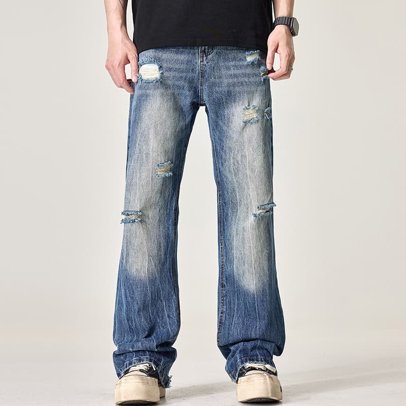 Spring New American Style Retro Ripped Lightning Pattern Jeans Trendy Brand Pants Men's Straight Pants