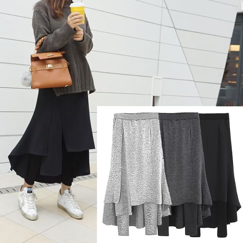 Cross-border trade autumn and winter style large size irregular one-piece pants skirt, faux two-piece leggings skirt, large size fleece-lined boot pants, trendy.