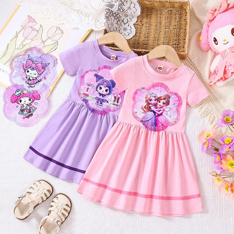 2026 New Girls Summer Short Sleeve Dress Cartoon Sequin Princess Dress Cotton A-Line Skirt Children Summer Style