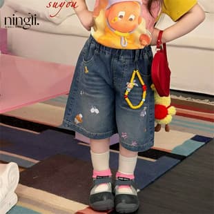 Ningli Girls' Denim Shorts, 2026 New Summer Ultra Soft Cool Thin Children's Baby Denim Wide Leg Mid-Length Shorts