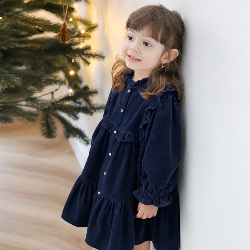 French Countryside Style Pure Cotton Corduroy Dress for Kids Autumn Winter Forest-inspired Playful Girls Long Sleeve Layered Skirt