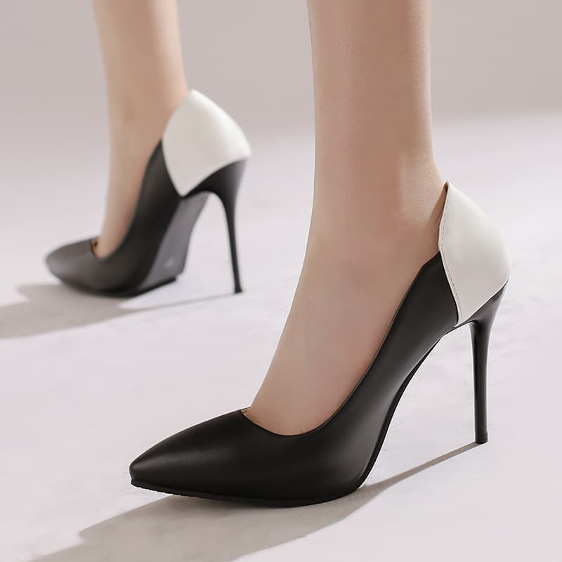 Hotel Work Shoes Women's Black High Heels Pointed Toe Two-Tone Single Shoes Sizes 32-50 Export Shoes