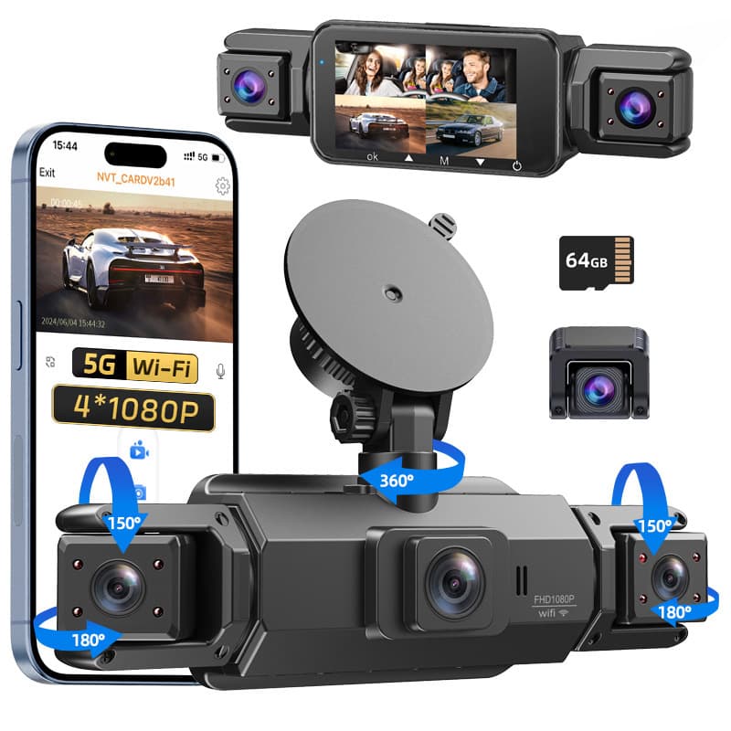 Cross-border quad-recording high-definition dashcam with infrared night vision, supports mobile phone interconnection, and provides 24-hour parking monitoring.