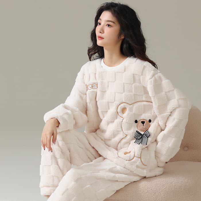 Coral Fleece Pajamas for Women Fall Winter 2024 New Thickened Plush Cartoon Flannel Wearable Homewear Set