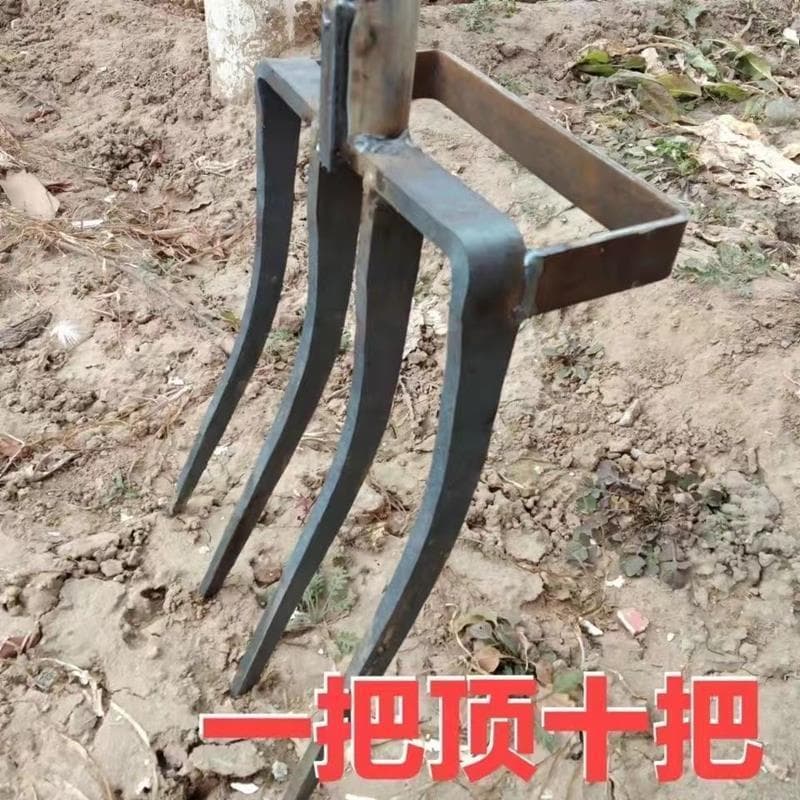 Steel fork soil turning tool, soil loosening fork, garlic and ginger digging tool, four-pronged and five-pronged manganese steel integrated fork for clearing land and digging scallions.