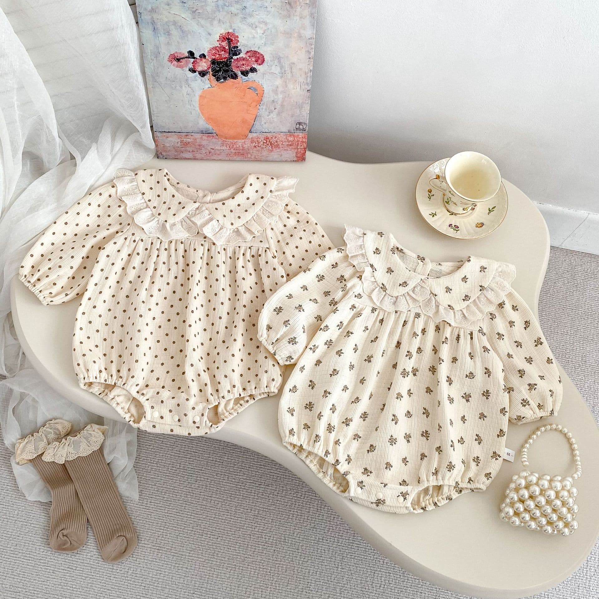 INS spring baby jumpsuit floral polka dot harem baby girl sweet lace lapel long-sleeved fart cover