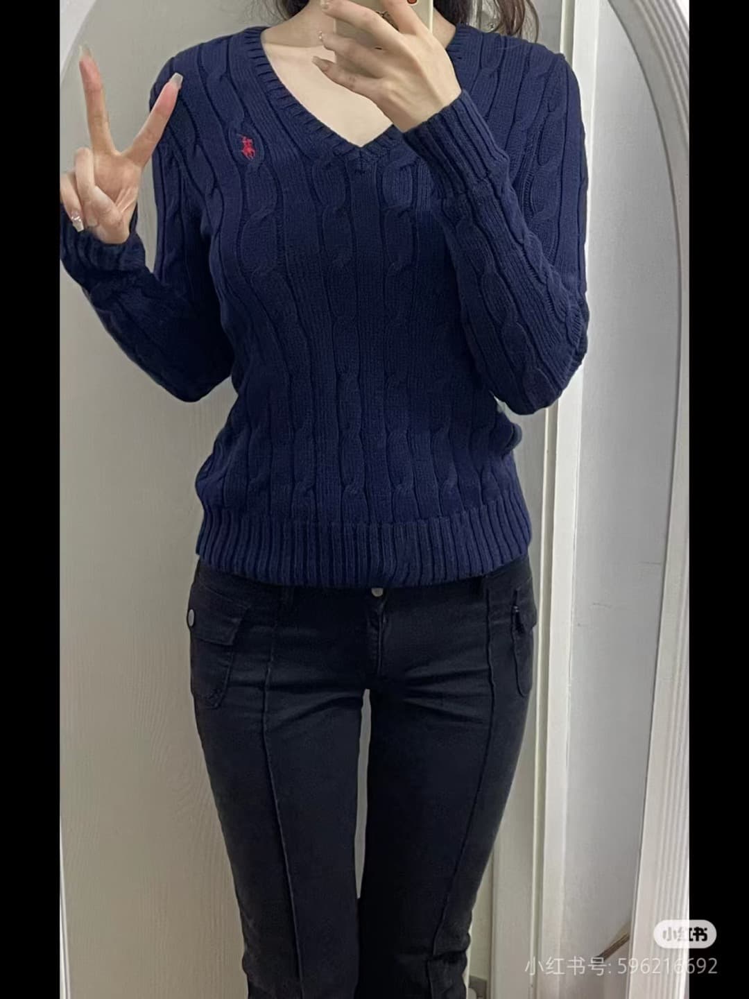Cross-Border New Style RL Sweater with Scannable Code, Small Pony Embroidery, Cable Knit Long Sleeve, Versatile Solid Color V-Neck Women's Top
