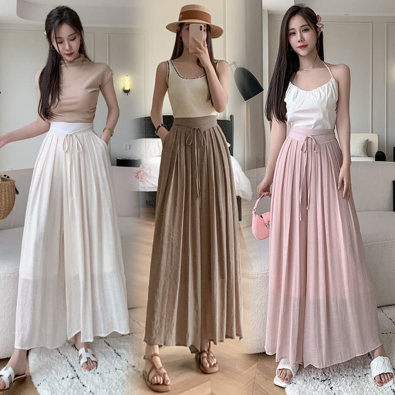 Actual Photo: New Summer Elastic High-Waist Tie-Waist Flowing Casual Designer Long Skirt for Women, Elegant Palazzo Skirt