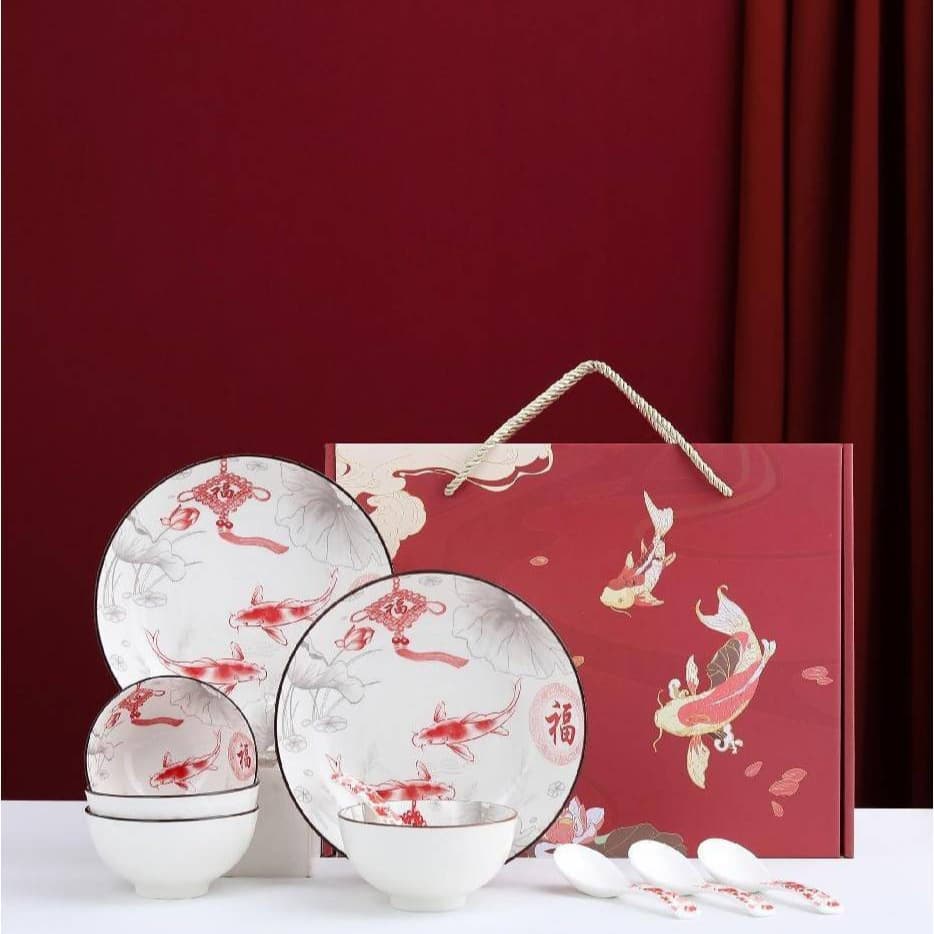 Jutaoren Abundant Blessings Fish Ceramic Bowl, Plate, and Chopsticks Set, Insurance Business Welfare Event Gifts, Handy Present