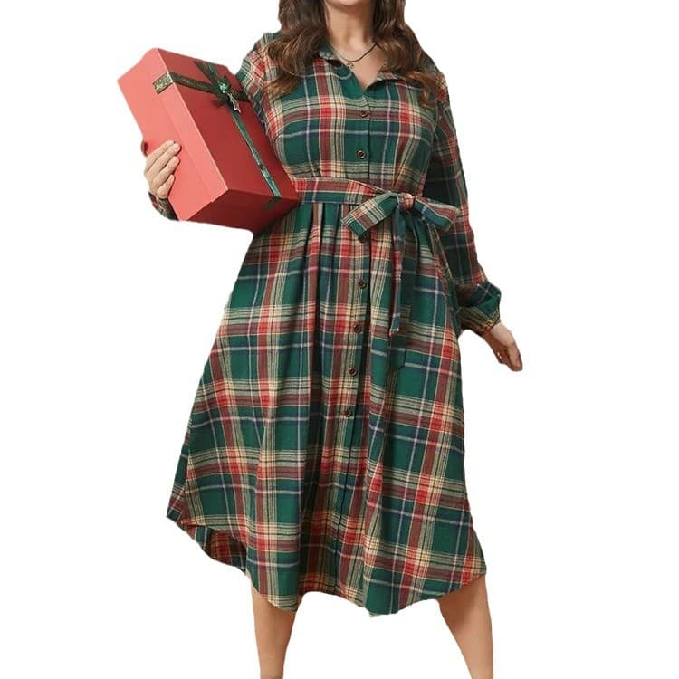 Cross-Border European & American Plus Size Women's Plaid Dress with Tie, Button Details, Pockets, and Curved Hem