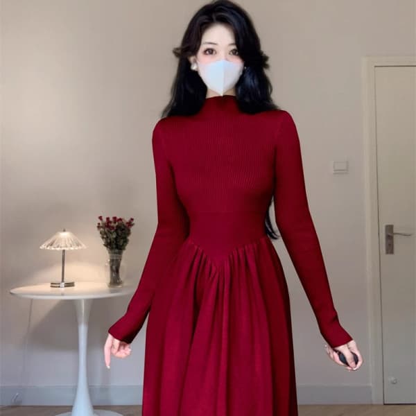 Autumn/Winter French Style Mock Neck Knit Long Sleeve Dress for Women, Fitted Sweater Dress as Coat Inner Layer, Slimming Long Dress