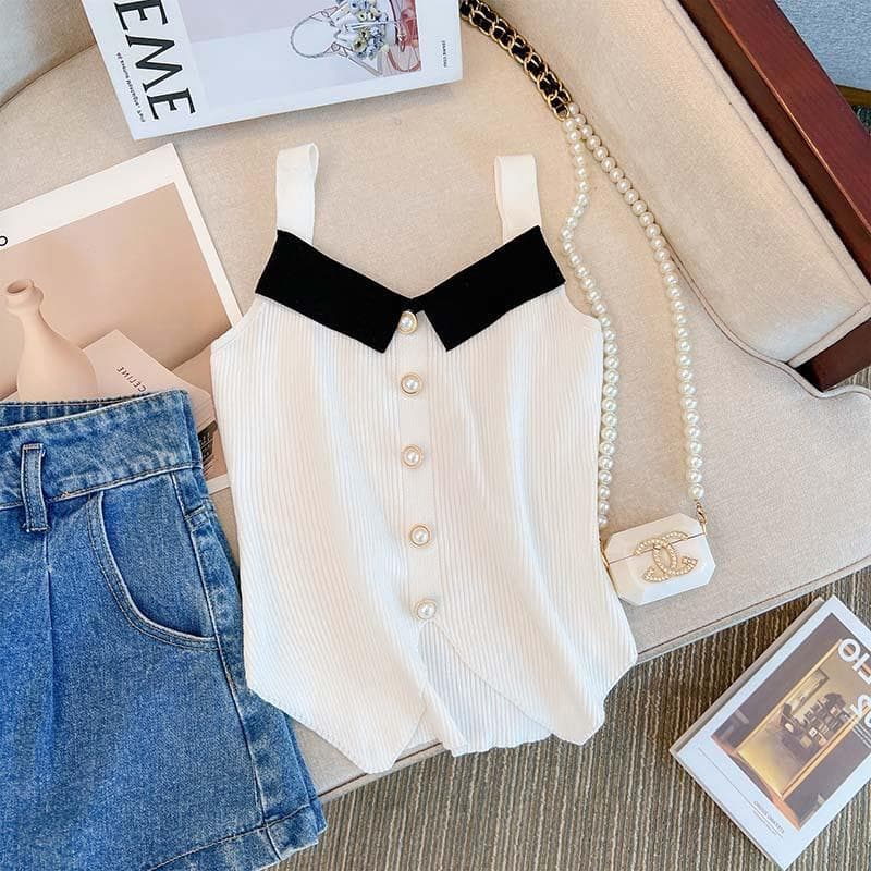 Summer Irregular Sleeveless Contrast Slim Fit Top Korean Style Hot Girl Design Button Knit Camisole Vest