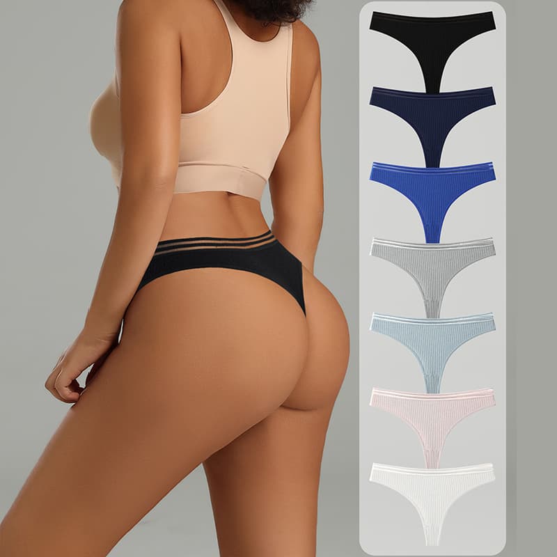 Cross-Border Ribbed Sexy Thong Women's Panties European and American Women's Underwear Pure Cotton Low-Rise Women's Triangle Shorts Thong